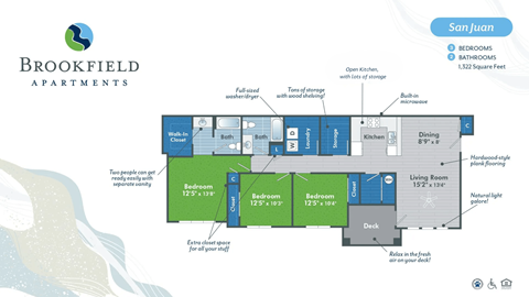 Floor plan for 3 beds, 2 baths, 1322 sqft